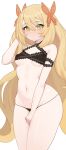  1girl absurdres bare_legs bare_shoulders black_panties blonde_hair blush breasts butterfly_hair_ornament celine_(fire_emblem) covering covering_crotch expressionless fire_emblem fire_emblem_engage green_eyes hair_ornament highres long_hair looking_at_viewer moursho navel panties small_breasts solo string_panties thick_thighs thighs thong underwear very_long_hair wide_hips 