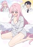  !? ... 1boy 1girl angel_wings bare_legs bite_mark black_hair black_necktie blue_archive breasts cleavage collarbone collared_shirt feathered_wings flying_sweatdrops hair_bun halo hetero hickey highres large_breasts long_hair low_wings mika_(blue_archive) naked_shirt necktie pink_hair saionji_mayoi sensei_(blue_archive) shirt single_side_bun spoken_ellipsis spoken_interrobang thighs very_long_hair white_shirt white_wings wings yellow_eyes 