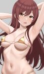  1girl arms_up baji_toufuu_(bajitohfu) bikini blush breasts brown_hair covered_nipples gold_bikini grey_background highres idolmaster idolmaster_shiny_colors long_hair looking_at_viewer medium_breasts micro_bikini navel open_mouth osaki_tenka simple_background solo stomach swimsuit upper_body yellow_eyes 