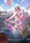  1girl absurdres balloon barefoot bikini blue_bikini blue_hair breasts cloud cloudy_sky day eyewear_on_head full_body highres holding honkai_(series) honkai_impact_3rd kiana_kaslana long_hair looking_at_viewer on_floor reflection rock shengkai167 sitting sky smile solo sunglasses swimsuit very_long_hair water 