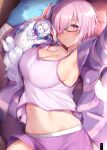  1girl absurdres bed blue_gk blush breasts creature fate/grand_order fate_(series) fou_(fate) glasses hair_over_one_eye highres hood hoodie large_breasts light_purple_hair long_sleeves looking_at_viewer mash_kyrielight midriff navel non-web_source on_bed pillow purple_eyes short_hair short_shorts shorts smile solo striped striped_hoodie tank_top 