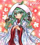  1girl blush closed_mouth floral_background floral_print frilled_kimono frills green_eyes green_hair hair_ornament hatsune_miku japanese_clothes kimono leaf leaf_on_head long_hair long_sleeves looking_at_viewer marker_(medium) outline own_hands_together print_kimono rui_(sugar3) sample_watermark sidelocks smile snowflake_print solo sparkle tassel traditional_media twintails uchikake upper_body vocaloid wataboushi white_headwear white_kimono wide_sleeves yuki_miku yuki_miku_(2013) 