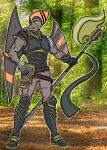  2023 anthro armor artist_name athletic athletic_anthro athletic_male axe battle_axe biceps broken_wing brown_body brown_hair brown_scales clothing digital_drawing_(artwork) digital_media_(artwork) dinosaur fingers forest forest_background gloves goodbye_volcano_high goster40k hair handwear head_crest hi_res male muscular muscular_anthro muscular_male naser_(gvh) nature nature_background outside photo_background photography_(artwork) plant pterodactylus pterosaur reptile scales scalie scar short_hair signature smile snoot_game_(fan_game) snout solo tree wings yellow_eyes 