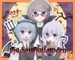  2023 3girls :d animal black_ribbon blush braid brown_hair brown_necktie cat collared_shirt danganronpa_(series) danganronpa_kirigiri fake_horns fang green_eyes grey_hair hair_ribbon happy_halloween holding horns kirigiri_kyoko licorne_(danganronpa) long_hair long_sleeves multiple_girls necktie orange_shirt outline puffy_short_sleeves puffy_sleeves red-framed_eyewear ribbon samidare_yui semi-rimless_eyewear shirt short_hair short_sleeves smile stitches tree twin_braids twintails upper_body utata_nem_zz white_hair white_outline white_shirt wings 