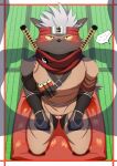  absurd_res anthro asian_clothing blush brown_body brown_fur bulge canid canine canis clothing disembodied_hand domestic_dog duo east_asian_clothing fur hair hi_res japanese_clothing kneeling lifewonders looking_at_viewer male mammal melee_weapon ninja pixiv_id_13961915 red_eyes scar tadatomo tokyo_afterschool_summoners underwear warrior weapon white_hair yellow_sclera 