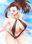  1girl adahcm bare_shoulders black_one-piece_swimsuit boku_no_hero_academia breasts brown_hair commentary_request grey_eyes highres large_breasts leaning_forward long_hair navel one-piece_swimsuit open_mouth ponytail slingshot_swimsuit smile solo stomach swimsuit yaoyorozu_momo 