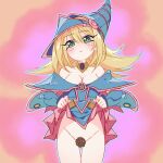  1girl bare_shoulders blonde_hair blush blush_stickers breasts censored cleavage clothes_lift dark_magician_girl duel_monster green_eyes kuriboh large_breasts long_hair looking_at_viewer shirukor18 skirt skirt_lift solo yu-gi-oh! 