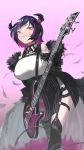  1girl anerissa_ravencroft argyle argyle_legwear asymmetrical_gloves asymmetrical_legwear bass_guitar black_feathers black_gloves black_hair black_jacket black_thighhighs breasts chest_strap colored_inner_hair demon_horns electric_guitar falling_feathers feather-trimmed_jacket feathered_wings feathers gloves grin guitar highres holding holding_guitar holding_instrument hololive hololive_english horns instrument jacket large_breasts looking_at_viewer mismatched_gloves mismatched_legwear mole mole_under_mouth multicolored_hair partially_fingerless_gloves pink_background pink_eyes pink_hair reon_(98109reon) short_hair smile solo thigh_strap thighhighs wings 