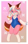  absurd_res anthro big_tail blue_eyes canid canine canis clothing dessert donut_(misterdonut) doughnut food food_creature fur girly hair hi_res kemono kryztar male mammal one_eye_closed open_mouth pawpads paws pink_body pink_fur school_swimsuit solo sprinkledog swimwear tail white_hair wink 