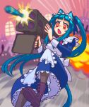  1girl alternate_costume animal_ears apron black_footwear blue_dress blue_hair boots dress english_commentary enmaided explosion hcnone highres holding_rocket_launcher juliet_sleeves long_sleeves m202 maid open_mouth original penny_(hcnone) pixel_art ponytail puffy_sleeves rocket rocket_launcher sleeve_cuffs solo speed_lines weapon white_apron yellow_eyes 