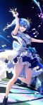  1girl :d absurdres arm_up ass_visible_through_thighs aya02ka bare_legs blue_bow blue_bowtie blue_eyes blue_hair blue_skirt bow bowtie crown frills full_body glint has_bad_revision has_downscaled_revision highres holding holding_microphone hololive hoshimachi_suisei idol looking_at_viewer md5_mismatch microphone mini_crown musical_note night night_sky open_mouth resolution_mismatch shirt short_sleeves side_ponytail skirt sky smile solo source_smaller stage star_(symbol) star_in_eye symbol_in_eye teeth thighs tiara upper_teeth_only virtual_youtuber w white_shirt wrist_cuffs 
