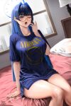  1girl ;o absurdres alternate_costume bed blue_hair blunt_bangs breasts glasses hair_intakes halo hand_up highres hololive hololive_english large_breasts long_hair nirvana_(band) no_pants on_bed one_eye_closed ouro_kronii pillow shirt sitting solo steb straight_hair t-shirt thighs virtual_youtuber window yawning 