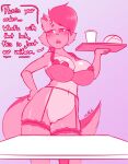  anthro biffalo blush blush_lines bottomless bra clothed clothing dialogue domestic_cat english_text felid feline felis female genitals mammal partially_clothed pussy simple_background siren_(biffalo) solo text underwear waiter 