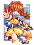  1girl :d armor armored_dress axe bare_shoulders blue_sky border braid breasts character_request cloud cloudy_sky copyright_request dress earrings gloves goggles goggles_on_head holding holding_axe jewelry looking_at_viewer mawaru_(mawaru) orange_eyes orange_hair single_glove sky smile solo twin_braids white_border yellow_dress 