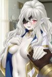  1boy 1girl black_nails breasts commission embla_(fire_emblem) fire_emblem fire_emblem_heroes hetero highres holding_hands igni_tion kiran_(fire_emblem) kiran_(male)_(fire_emblem) lace-trimmed_eyepatch medium_breasts midriff nail_polish navel pointy_ears pov red_eyes solo_focus vampire white_hair 