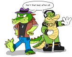  2023 alligator alligatorid anthro biped bottomwear brok_(character) brok_the_investigator clothing crocodile crocodilian crocodylid dialogue duo english_text feet green_body hat headgear headphones headwear humanoid_hands jolly_the_lizard jollyville pants reptile scalie sega shirt sonic_the_hedgehog_(series) text topwear vector_the_crocodile 