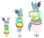  anthro big_breasts blue_body bottomwear breasts buckteeth clothed clothing female generation_1_pokemon group hi_res horn huge_breasts legwear nidoqueen nidoran nidoran♀ nidorina nintendo pokemon pokemon_(species) red_eyes simple_background skirt stockings tail teeth trio tunic urusee584 whiskers white_background 