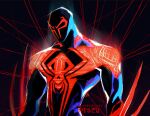  1boy animal_print artist_name black_background bodysuit dated_commentary gravitydusty highres male_focus marvel miguel_o&#039;hara muscular muscular_male red_bodysuit solo spider-man:_across_the_spider-verse spider-man_(2099) spider-man_(series) spider_print two-tone_bodysuit 