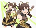  :d absurdres animal_ears animal_print breasts brown_hair claw_pose commentary_request cowboy_shot fake_animal_ears fingerless_gloves frilled_skirt frills gloves highres idolmaster idolmaster_million_live! idolmaster_million_live!_theater_days kisaniyav layered_skirt leopard_ears leopard_print medium_breasts o-ring o-ring_thigh_strap open_mouth ponytail print_gloves satake_minako see-through_cleavage skirt skirt_set smile thigh_strap v-shaped_eyebrows yokoyama_nao 