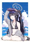  1girl bags_under_eyes bandaid bandaid_on_foot beach bikini black_bikini blue_archive blue_hairband blue_ribbon blue_sky book breasts cardigan cloud collarbone commentary crossed_bangs grey_cardigan hair_between_eyes hair_ribbon hairband halo high_ponytail highres holding holding_book jewelry jitome long_hair long_sleeves necklace nichaku o-ring o-ring_bikini o-ring_top ocean off_shoulder official_alternate_costume open_mouth ponytail ribbon sand sandals shading_eyes sidelocks sitting sky small_breasts solo sweat swimsuit ui_(blue_archive) ui_(swimsuit)_(blue_archive) very_long_hair wariza water 