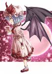  1girl bat_wings black_wings blue_hair blush closed_mouth cup dress drinking_glass frilled_sleeves frills full_body hat hat_ribbon highres holding holding_cup inuno_rakugaki mob_cap pink_dress pink_headwear red_eyes red_footwear red_ribbon remilia_scarlet ribbon shoes short_hair short_sleeves smile socks solo tongue tongue_out touhou white_socks wine_glass wings 