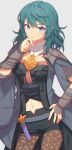  1girl belt black_shorts blue_eyes blue_hair byleth_(female)_(fire_emblem) byleth_(fire_emblem) closed_mouth coat contrapposto cowboy_shot fire_emblem fire_emblem:_three_houses grey_background grey_belt grey_coat hand_on_own_hip long_hair looking_at_viewer midriff navel pantyhose_under_shorts patterned_legwear short_shorts shorts simple_background smile solo standing stomach straight_hair twitter_username wusagi2 