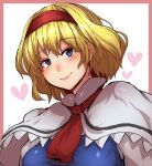  1girl alice_margatroid blonde_hair blue_eyes capelet closed_mouth commentary_request hairband heart highres looking_at_viewer red_hairband short_hair simple_background smile solo starraisins touhou upper_body white_background white_capelet 