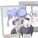  1girl animal_ears bandaid bandaids_on_nipples black_skirt blue_bow blue_bowtie blue_eyes blue_hair bow bowtie breasts cat_ears commentary_request drawing flat_chest hair_ribbon large_breasts lowres mirror original pasties ribbon rokuro-chan rokuro_no_mawashimono shrug_(clothing) sitting skirt solo stool twintails 