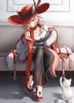  1girl animal_ears arknights blue_eyes bow breasts cat cat_ears cleavage couch ears_through_headwear feather_boa hat hat_feather heidi_(arknights) high_heels long_skirt pink_hair putting_on_shoes red_bow red_headwear shironekoban sitting skirt 