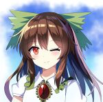 1girl ;) absurdres arina_stepanova blue_sky bow brown_hair commentary double-parted_bangs english_commentary green_bow hair_bow highres long_hair looking_at_viewer one_eye_closed outdoors red_eyes reiuji_utsuho short_sleeves sky smile solo third_eye touhou upper_body 