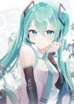  1girl aftergardens black_skirt blue_eyes blue_hair blush breasts detached_sleeves hatsune_miku highres long_hair looking_at_viewer microphone miku_day necktie skirt solo twintails vocaloid 