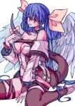  1girl absurdres angel_wings asymmetrical_wings bare_shoulders belt black_thighhighs blue_hair breasts cleavage cleavage_cutout clothing_cutout collarbone dizzy_(guilty_gear) guilty_gear guilty_gear_xrd hair_rings highres ktknpdy large_breasts long_hair midriff monster_girl navel off_shoulder open_mouth red_eyes ribbon sidelocks simple_background sitting skindentation solo stomach tail tail_ornament tail_ribbon thick_thighs thigh_strap thighhighs thighs twintails wariza white_background wings 