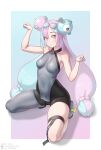  1girl asymmetrical_clothes bare_shoulders blue_hair blush breasts clenched_hands covered_navel hair_ornament highres iono_(pokemon) kneeling long_hair looking_at_viewer pink_hair pokemon pokemon_(game) pokemon_sv purple_eyes single_pantsleg smile solo very_long_hair xiangzi_box 