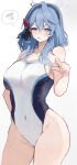  1girl ako_(blue_archive) alternate_costume blue_archive blue_eyes blue_hair blush breasts collarbone competition_swimsuit covered_navel groin halo highres inusaka large_breasts looking_at_viewer one-piece_swimsuit pointing pointing_at_viewer simple_background solo spoken_squiggle squiggle sweatdrop swimsuit two-tone_one-piece_swimsuit v-shaped_eyebrows white_background 