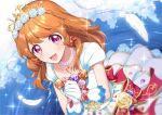  1girl :d aikatsu! aikatsu!_(series) blush bow dress earrings feathers flower gloves hair_flower hair_ornament heart heart_necklace idol jewelry long_hair looking_at_viewer mitsuki_meia necklace oozora_akari open_mouth orange_hair pearl_necklace pink_eyes red_bow smile solo sparkle tiara waist_bow water white_dress white_feathers white_flower white_gloves 