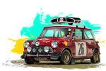  artist_name car castrol dated dunlop headlight highres martini_(brand) mini_cooper motor_vehicle nimbus_goldbrum no_humans race_vehicle racecar rally_car rear-view_mirror red_car shell_(company) spare_tire union_jack vehicle_focus 