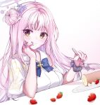  1girl :q absurdres blue_archive blue_bow blush bow dress eating flower food fruit hair_bun hair_ornament halo highres licking_lips long_hair looking_at_viewer mika_(blue_archive) pink_hair single_side_bun solo strawberry tongue tongue_out yellow_eyes yum_draw 
