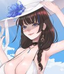  1girl bikini black_hair blue_flower blue_hair blush braid breasts chaneti cleavage closed_eyes earrings flower goddess_of_victory:_nikke hair_over_shoulder hand_on_headwear hat hat_flower highres jewelry large_breasts large_hat lips long_hair mary_(bay_goddess)_(nikke) mary_(nikke) multicolored_hair navel necklace streaked_hair sun_hat swimsuit swimsuit_cover-up unusually_open_eyes white_bikini white_headwear 