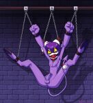  2023 absurd_res anthro ball_gag balls bdsm bell bodily_fluids bondage bound bound_and_gagged brick_wall collar cuff_(restraint) demon demon_humanoid fan_character gag gagged genitals hair helluva_boss hi_res hooves horn humanoid jingle_bell lapinbeau male penis purple_body purple_hair purple_skin red_eyes restraints signature small_balls small_penis solo spade_tail tail tears wall_(structure) yellow_sclera 