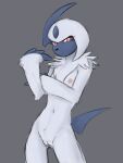  2023 3:4 absol anthro areola biped blue_body breasts female front_view generation_3_pokemon genitals hi_res looking_at_viewer nintendo nipples pokemon pokemon_(species) pussy red_eyes sealer4258 simple_background small_breasts solo white_body 