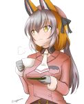  1girl animal_ears belt blazer brown_hair cup extra_ears fox_ears fox_girl gloves grey_hair hat island_fox_(kemono_friends) jacket kemono_friends kemono_friends_v_project long_hair necktie ribbon shirt simple_background solo taurine_8000mg tea teacup twintails upper_body virtual_youtuber yellow_eyes 