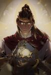  1boy brown_hair cleric cleric_lifeweaver closed_mouth dark-skinned_male dark_skin flower glowing glowing_eyes high_ponytail highres korean_commentary lifeweaver_(overwatch) looking_at_viewer male_focus mechanical_arms o_o6771 official_alternate_costume overwatch overwatch_2 ponytail shirt single_mechanical_arm smile solo upper_body white_shirt 