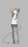  1girl absurdres audio_jack behind-the-head_headphones black_shorts black_sleeves cable chromatic_aberration commentary_request fang full_body grey_background grey_eyes grey_hair grey_pantyhose half-closed_eyes hands_on_headphones hands_up hatoba_tsugu head_tilt headphones highres looking_at_viewer mole mole_under_eye open_mouth pantyhose raglan_sleeves raised_eyebrows shirt shoes short_shorts short_sleeves shorts simple_background single_hair_ring smile sneakers solo standing t-shirt tanaka_ahiru tsugu_(vtuber) virtual_youtuber white_shirt 