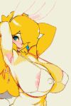  1girl animal_ears armpits arms_behind_head arms_up bare_shoulders bikini blonde_hair blue_eyes blush breasts collarbone commentary doxy english_commentary eyepatch_bikini fake_animal_ears hair_over_one_eye huge_breasts lips long_hair mario_(series) parted_lips pixel_art princess_peach rabbit_ears smile solo stomach swimsuit upper_body white_bikini 