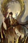  1boy antenna_hair blurry blurry_foreground brown_coat brown_eyes brown_hair brown_ribbon brown_robe brown_sash chinese_clothes coat commentary_request crystal depth_of_field dragon earrings eastern_dragon floating_hair genshin_impact glowing glowing_eyes gradient_hair hair_between_eyes hair_down hand_up hanfu highres jewelry long_hair long_sleeves lower_teeth_only male_focus multicolored_hair open_mouth red_eyes rex_lapis_(genshin_impact) ribbon robe rock round_teeth sash sidelocks single_earring smoke tassel tassel_earrings teeth very_long_hair wide_sleeves xuelizi2 zhongli_(genshin_impact) 