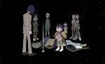  2girls antennae black_background blue_hair cape child digimon digimon_(creature) digimon_adventure_02 glasses green_shorts hida_iori highres ichijouji_ken ichijouji_osamu inoue_miyako looking_at_another looking_down looking_up motomiya_daisuke multiple_boys multiple_girls ryuuseiblade11 sad shorts simple_background socks standing takaishi_takeru white_socks wormmon yagami_hikari 