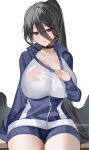  1girl black_choker black_hair blue_archive blue_jacket blue_shorts blush breasts choker cleavage collarbone cowboy_shot hair_between_eyes hasumi_(blue_archive) hasumi_(track)_(blue_archive) highres hwansang_jungdog jacket large_breasts long_hair long_sleeves looking_at_viewer low_wings official_alternate_costume parted_lips ponytail red_eyes shirt shorts solo sweat thighs white_background white_shirt wings 