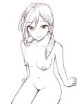  1girl bare_shoulders breasts completely_nude feet_out_of_frame female_pubic_hair hair_tie happy large_areolae looking_at_viewer monochrome navel nipples nude original ponytail pubic_hair sitting smile solo user_cvse5287 white_background 