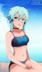  1girl :d bare_arms bare_legs bikini black_choker blue_bikini blue_hair blue_sky blush breasts choker cleavage collarbone day deviantart_logo deviantart_username facebook_logo facebook_username green_eyes hair_between_eyes highres looking_at_viewer medium_breasts navel outdoors pixiv_logo pixiv_username short_hair_with_long_locks shugo19 sinon sitting sky slit_pupils smile solo sports_bikini swimsuit sword_art_online twitter_logo twitter_username watermark 