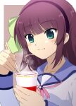  1girl :t angel_beats! blunt_bangs border bow brown_background chopsticks close-up closed_mouth commentary_request cup cup_ramen eating eyes_visible_through_hair food green_bow green_eyes hair_bow hands_up highres holding holding_chopsticks holding_cup lelie_(lelie_link) light_blush long_sleeves medium_hair nakamura_yuri neckerchief noodles pink_neckerchief purple_hair shinda_sekai_sensen_uniform shirt sidelocks simple_background solo steam straight_hair white_border white_shirt 